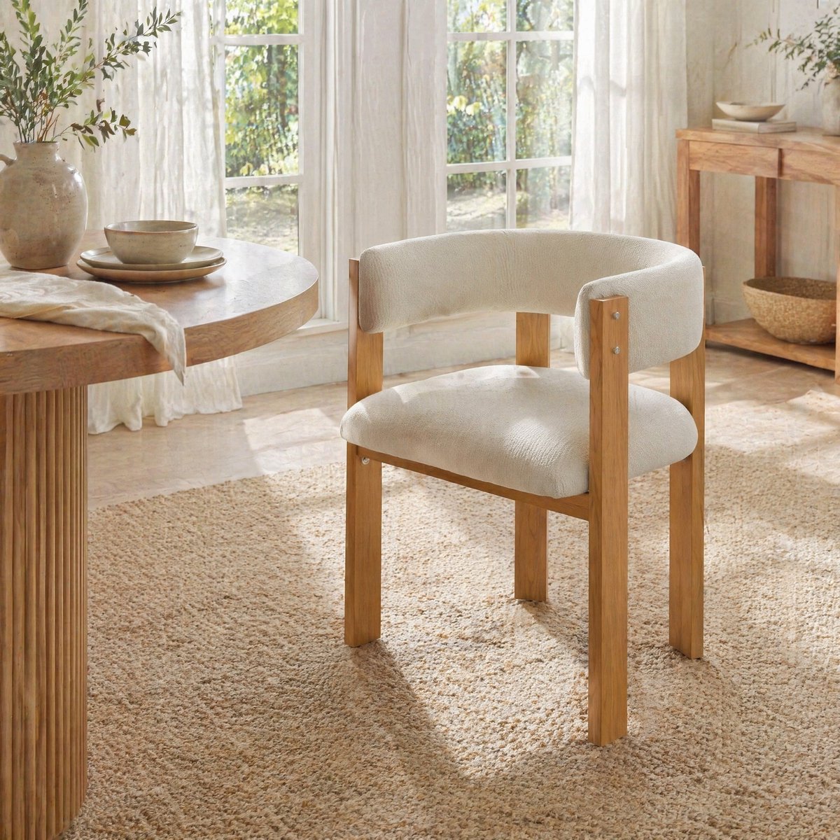 MEUNIQ ergonomische eetkamerstoel set van 4 met dikke polstering, fluwelige stof, metalen poten in houtlook, gebogen rugleuning en armleuningen, beige
