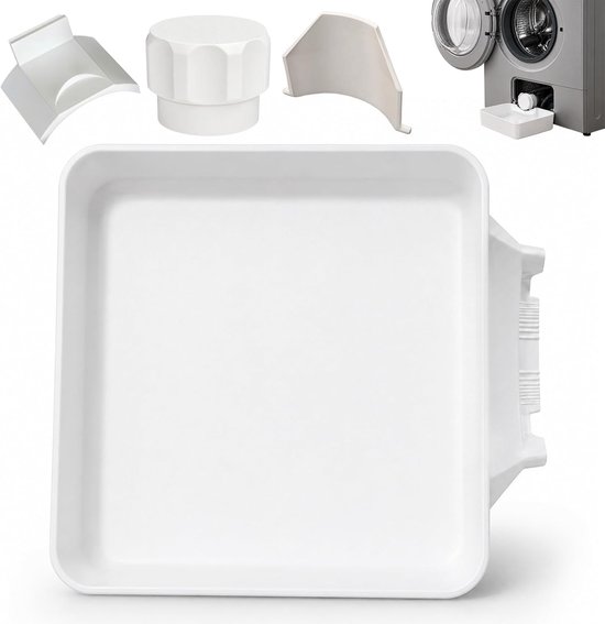 Een witte lek-opvangbak, met hulpstukken en een miniatuurwasmachine die de bak gebruikt.