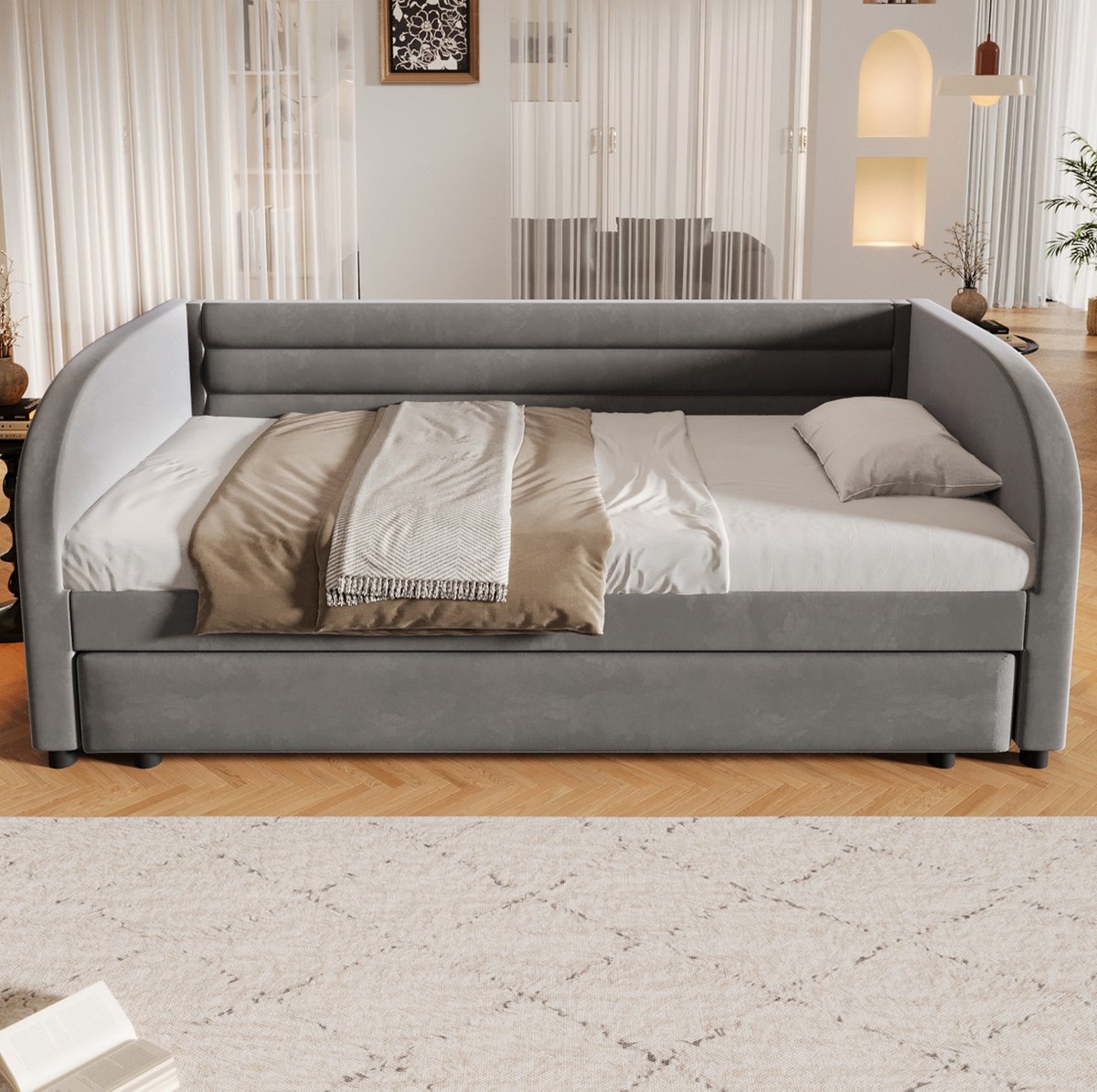 STILVORA Bed 90x200 cm – Gestoffeerd Platformbed met LED-verlichting – Praktisch Uittrekbed en Extra Slaapplaats – Voor Kinderen en Gastenkamer – MDF en Flanellen Stof – Grijs – Zonder matras