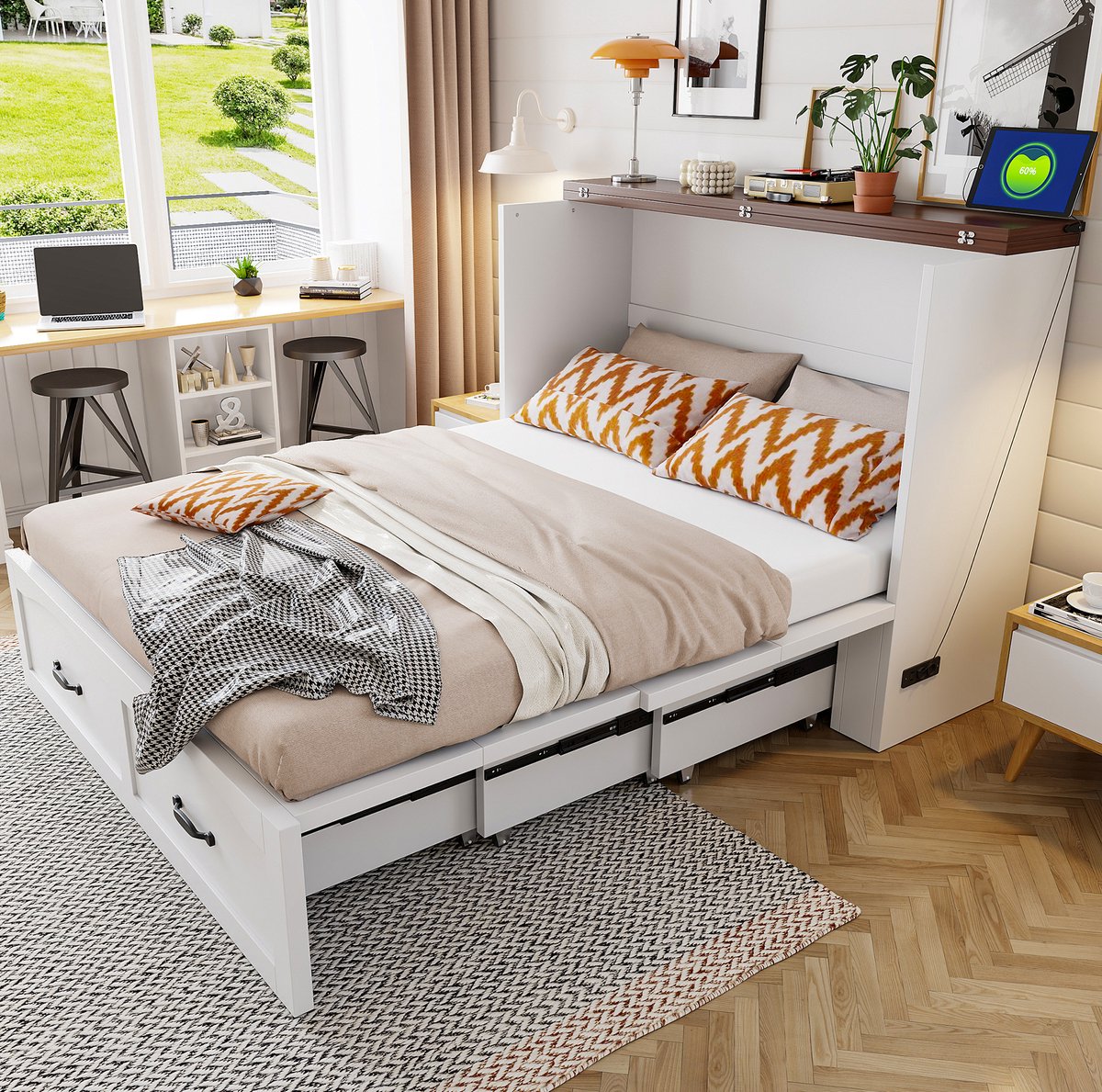 STILVORA Klappbed 140 x 200 cm - Opklapbed Met Stauraum En Europese Stopcontact - Metaal Hout - Wit - Zonder Matras