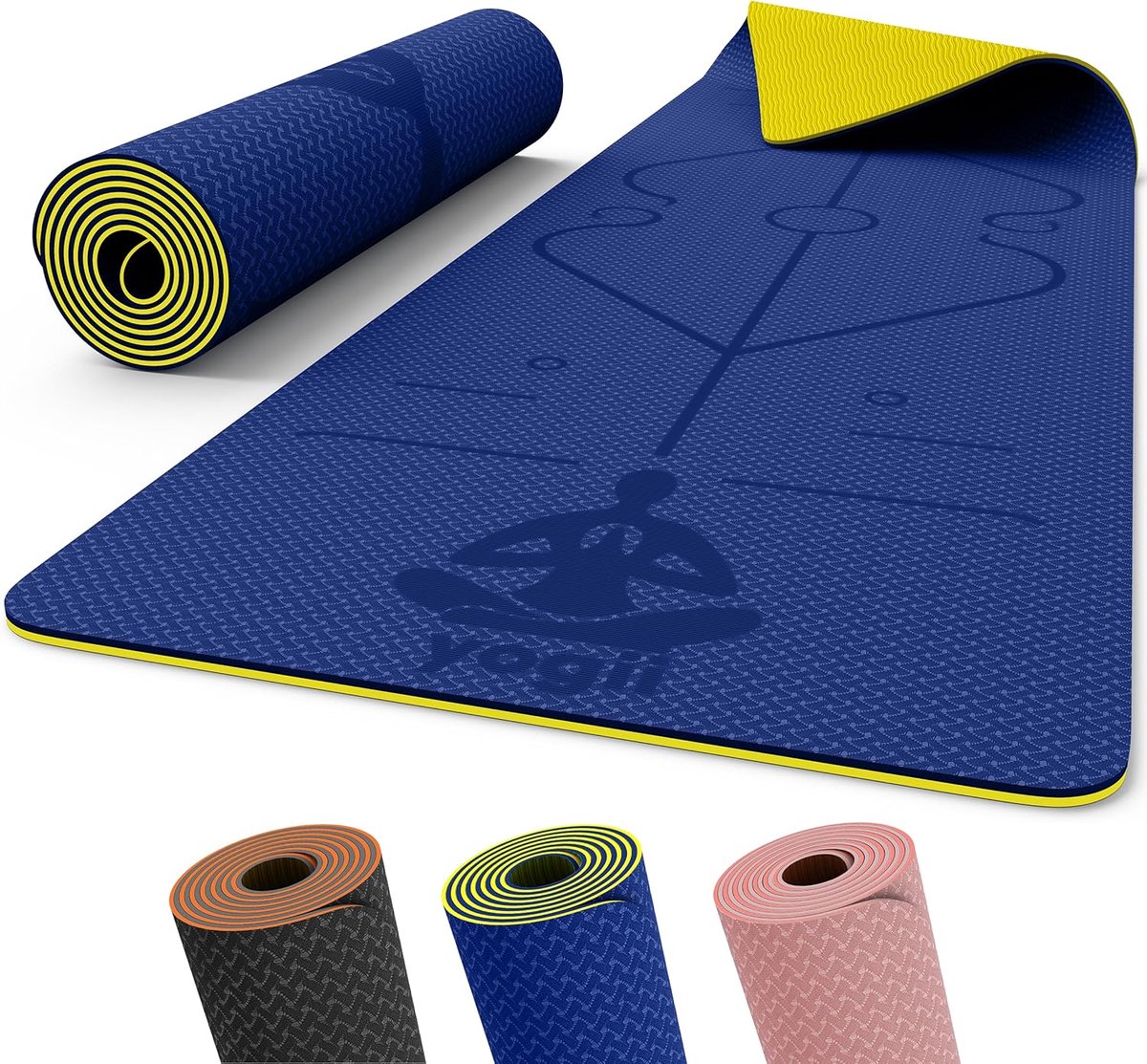 SnelShoppen - Yogamat TPE - Milieuvriendelijke Fitnessmat - Anti-slip Pilatesmat - 183 x 61 x 0,6 cm - Blauw/Goudkleurig voor Thuis, Yoga, Sporten en