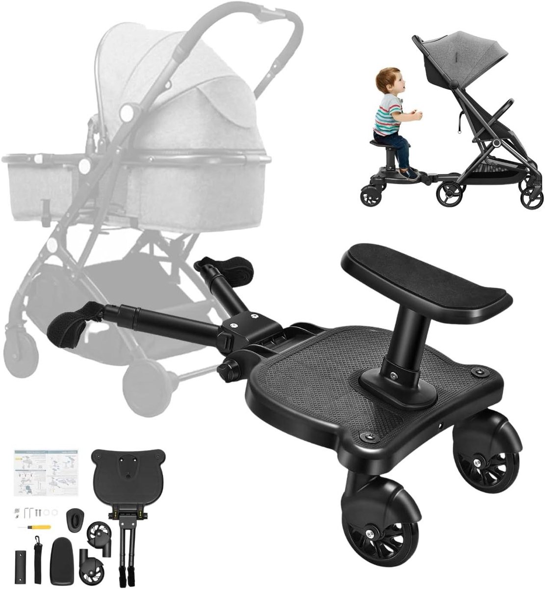 Meerijdplank met zitting - Kinderwagen plank - Reizen met kinderen - 2-in-1 ontwerp - Max 55 kg - Zwart