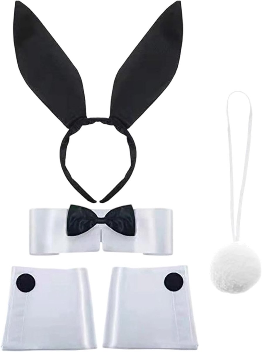 Schattig Konijnen Kostuum met Hoofdband, Staart, Kraag en Manchetjes voor Carnaval en Feestdagen - Set van 5 Accessoires voor Volwassenen
