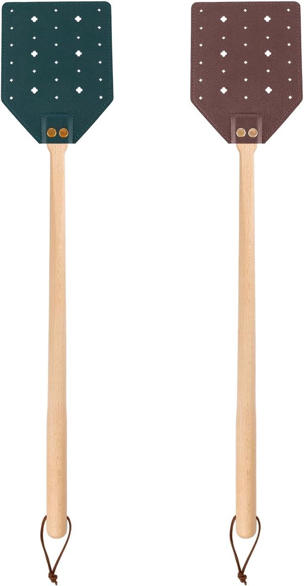 SnelShoppen - 2 Stuks Leren Vliegenvangers met Houten Handvat en Hangtouw, Stevige Handmatige Vliegendetector voor Binnen en Buiten (Donkergroen, Brui