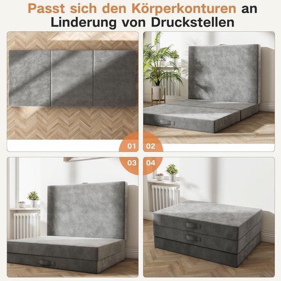 Opklapmatras - Vouwmatras Gastenbed - Logeren en Reizen - Wasbare Hoes - 140x195x10CM - Grijs — afbeelding 5