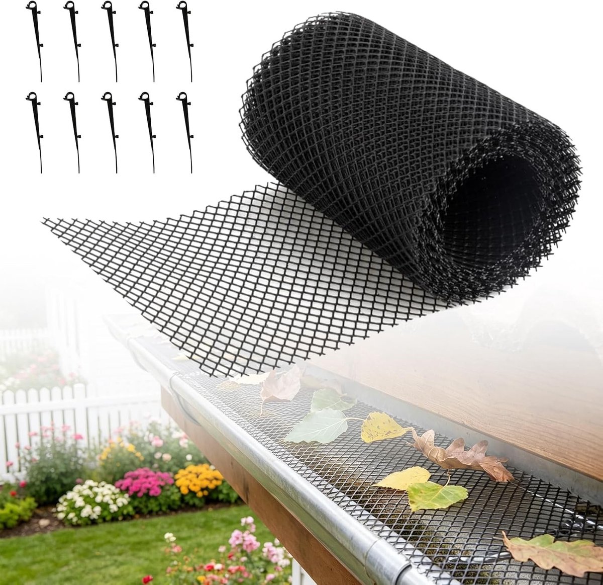 Dakgoot bladbescherming met 10 klemmen, 18 x 800 cm, effectief bladerbeschermingsrooster voor regengoten, duurzame dakgootrooster voor huizen en carports, voorkomt verstopping en onderhoudskosten