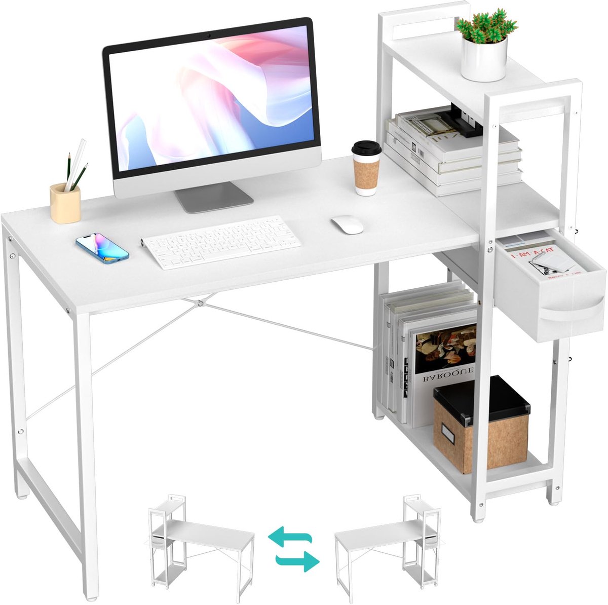 SnelShoppen - Witte computertafel met lade en verwisselbare planken, 120x50 cm, ergonomische hoogte 75 cm, ruimtebesparend bureau voor thuiskantoor, s