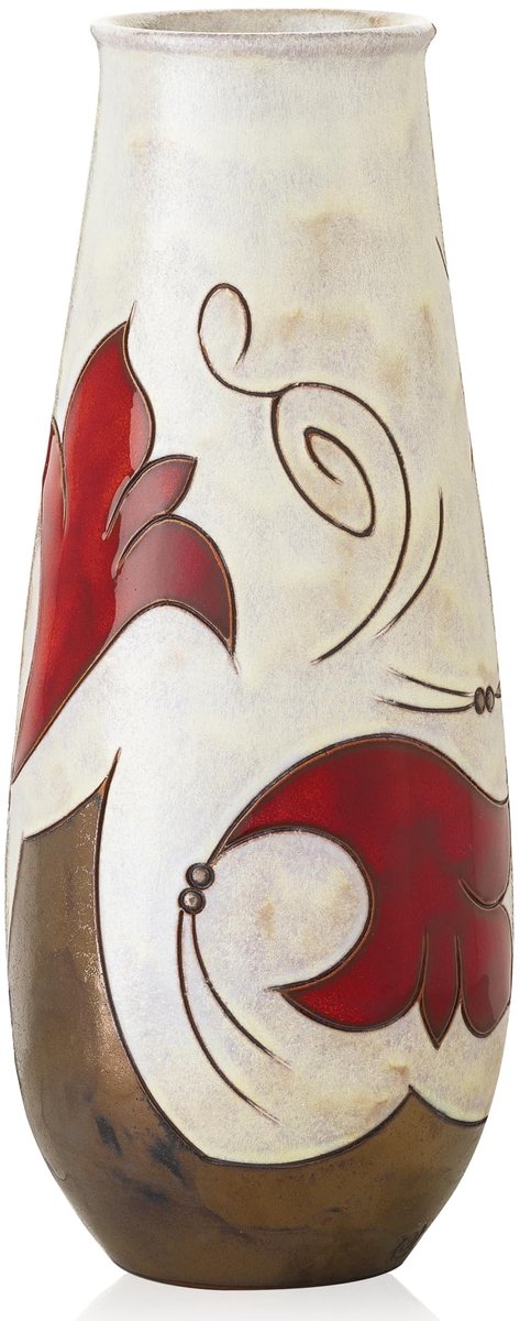 SnelShoppen - Handgemaakte keramische bloemenvaas 26 cm hoog - Elegante aardewerk vaas met gouden basis en rood-wit bloemenontwerp - Perfect voor huis