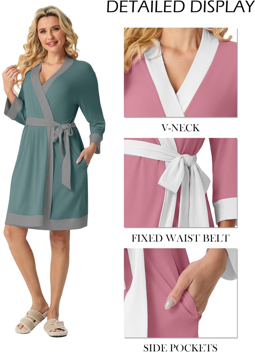 SnelShoppen - Korte Badjas Dames Kimono Robe 3/4 Mouwen V-hals Ochtendjas Loungewear Casual Saunamantel Haze Blauw Maat S