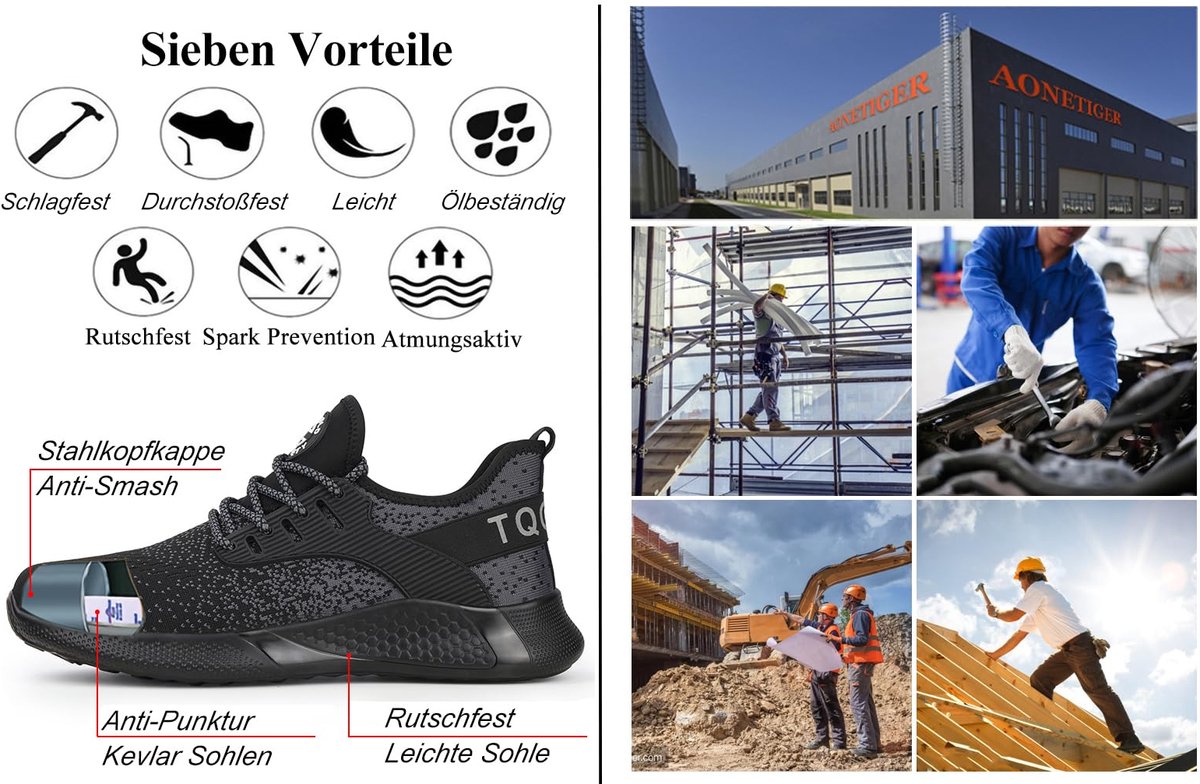 SnelShoppen - Veiligheidsschoenen voor dames en heren S3, ademend en antislip werkschoenen, stalen neus sneakers, sportief, lichtgewicht, zwart, maat