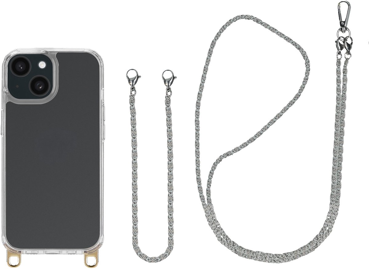 Selencia Transparant Hoesje met Haakjes inclusief Telefoonketting - Geschikt voor Apple iPhone 13 - Zilver