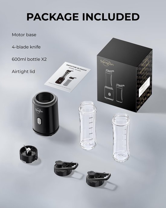 SnelShoppen - Draagbare Sportblender Smoothie Maker, Elektrische Mixer met 2 BPA-vrije 600 ml Tritan To Go-fles, 4 Messen, Pulse-knop, Zwart - Perfect van Snelshoppen — afbeelding 4