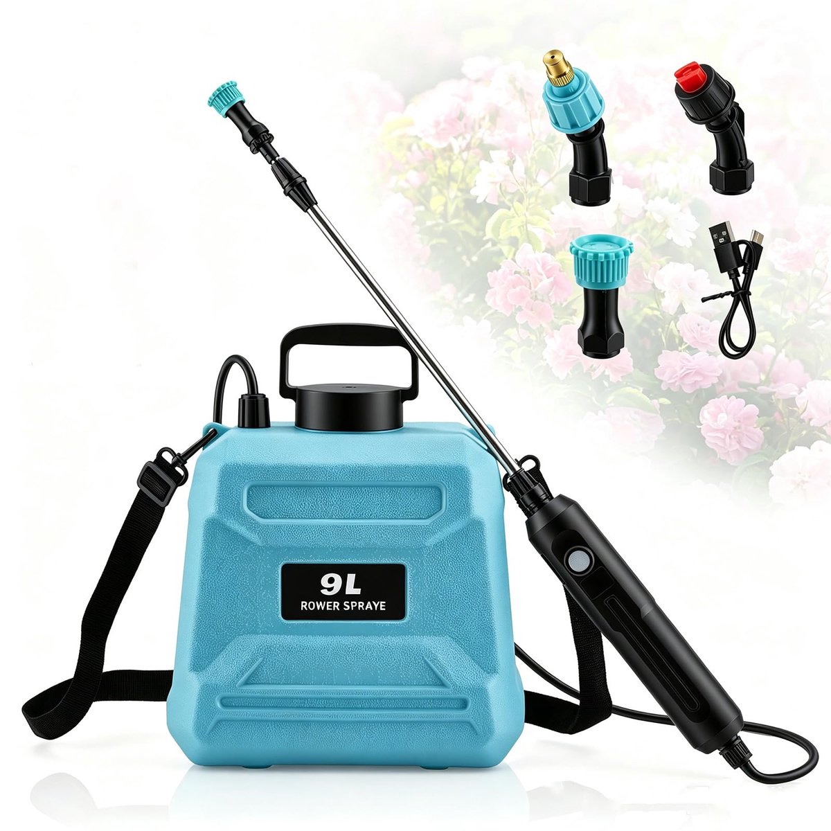 SnelShoppen - VeftBltrem 9 liter accu druksproeier, elektrische tuinsproeier met 3 sproeimodi, 360° verstelbaar mondstuk, telescopische lans 80 cm, US
