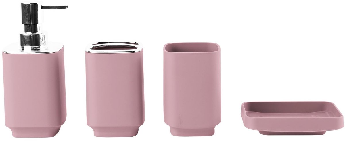 SnelShoppen - 4-delige badkameraccessoireset met zeepdispenser, zeepbakje, tandenborstel en tandpastahouder, roze, ideaal voor moderne badkamers