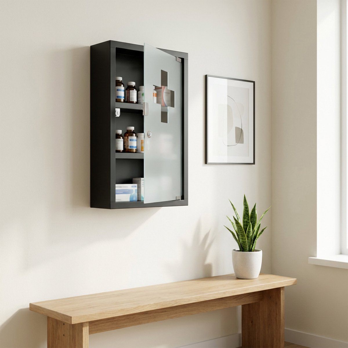 Medicijnkast 30x12x50cm RVS - Afsluitbaar met 3 Legplanken - Apothekerskast EHBO Kast voor Keuken /Badkamer of Thuis - Zwart - NAIZY