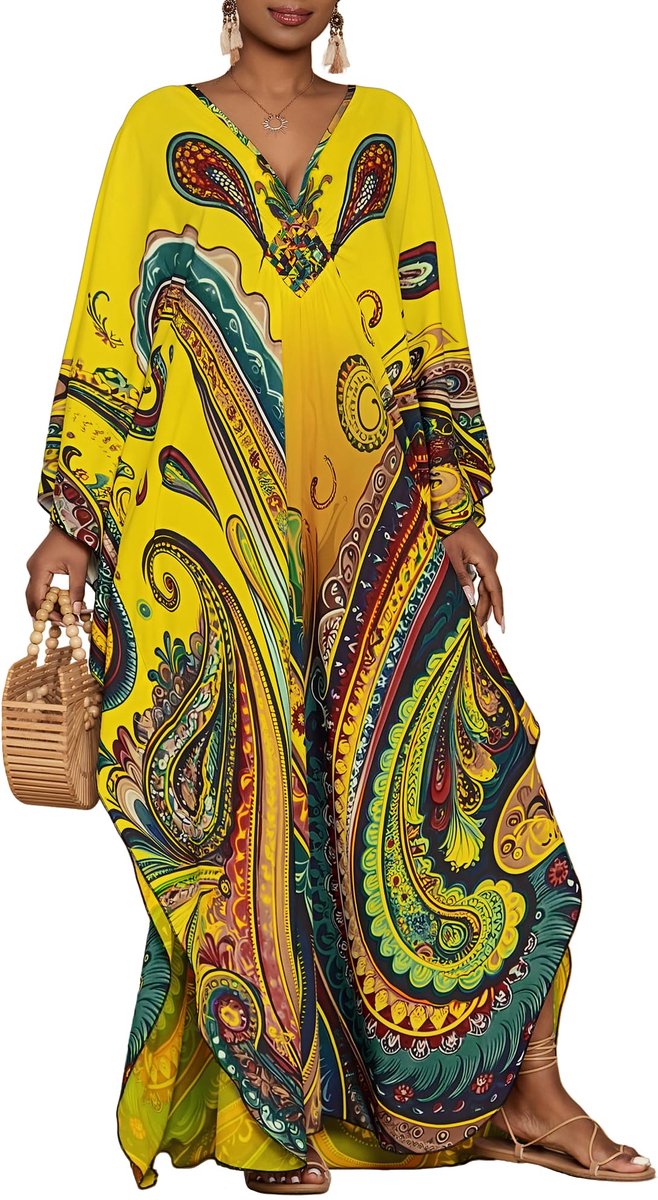 SnelShoppen - Kaftanjurken voor Vrouwen, Etnische Print, Grote Maten, Strandbedekkende Kaftans met Vleermuismouwen en Zakken, Geel, One Size, Perfect