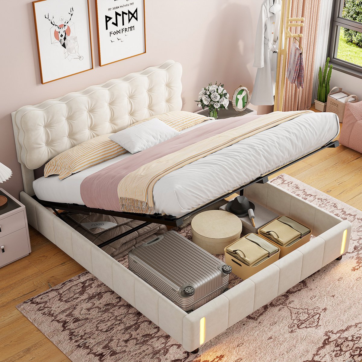 Tweepersoonsbed 160x200 cm, volwassen bed met gasveer opbergruimte en sensor led verlichting, luxe fluwelen bedframe met voeteneinde lamp, beige, zonder matras