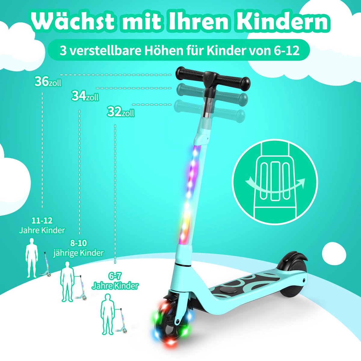 SnelShoppen - Elektrische E-step voor Kinderen 6-12 Jaar met LED-Lampen, 3 Hoogte-instellingen, Max. 10 km/u, 45W Motor, Tot 70 kg, Veilig en Leuk Bui