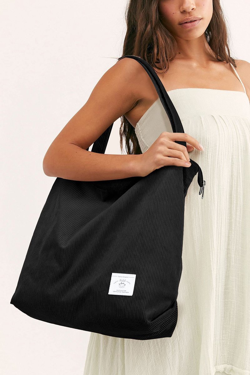 SnelShoppen - Dikkere Corduroy Draagtas - Grote Schoudertas met Rits - Handtas voor Dames en Meisjes - Zwart - Perfect voor Werk, School en Dagelijks