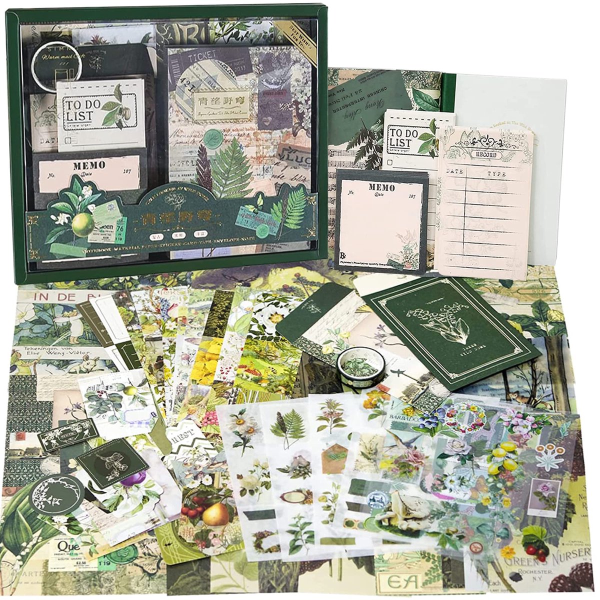 SnelShoppen - Irayin Vintage Scrapbook Accessoires Set - 125 stuks Bullet Journal Accessoires, A6 Raster Notitieboek, Scrapbook Stickers, Groene Reisb