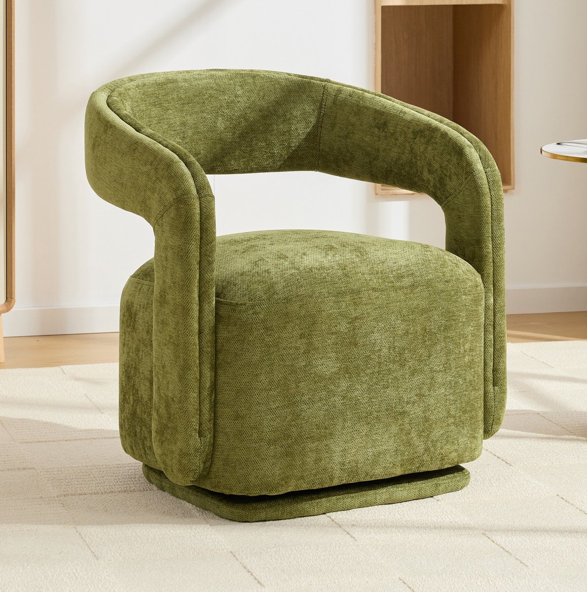 REDOM Fauteuil - 360° draaibaar - Barrel chair met armleuningen - Gewatteerde zitting - Moderne stijl - Woonkamer - Chenille stof - Groen - 70 x 65,5 x 74 cm