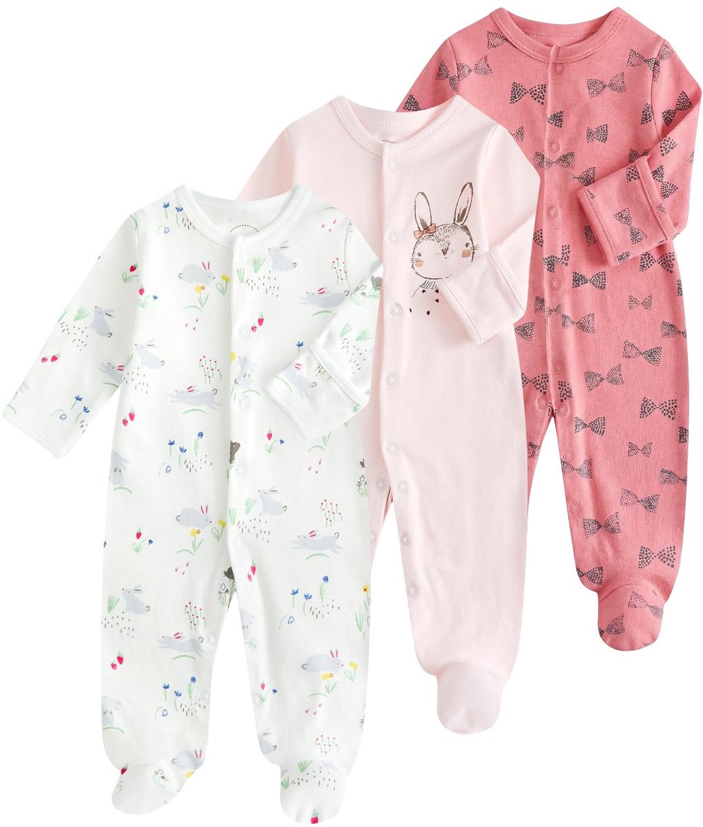 SnelShoppen - JiAmy Babyrompertje Set van 3 - Katoenen Lange Mouwen Jumpsuits met Voeten - Pasgeborenen Kleding voor Jongens en Meisjes - Roze Haas 0-