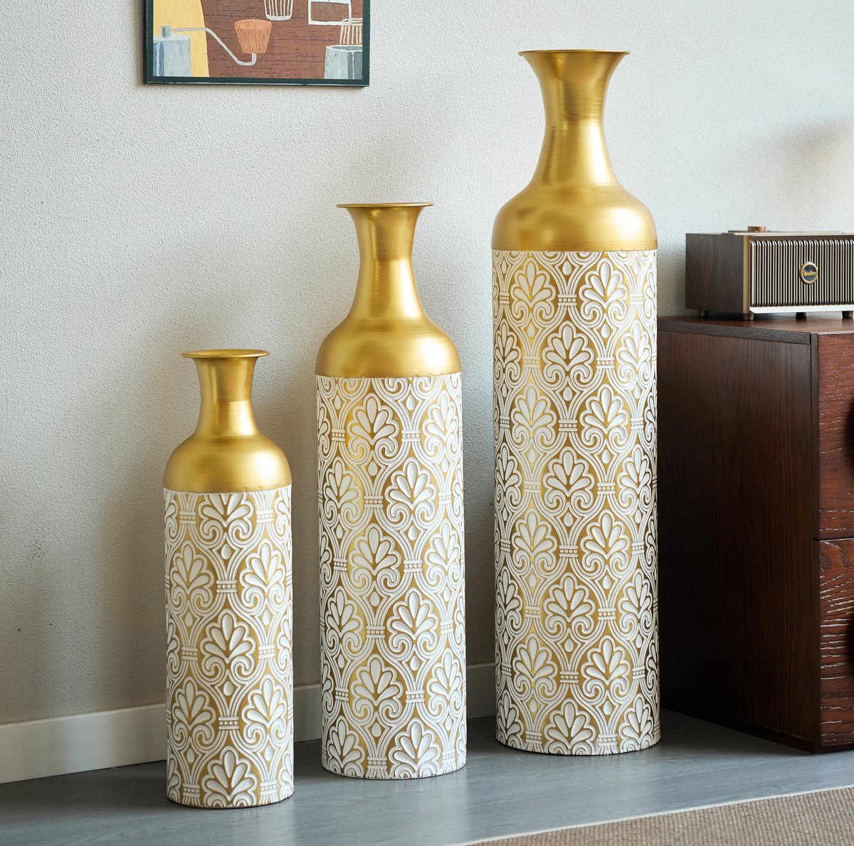 Modenuit Vaas – Set van 3 – 50/66/83 cm – Goud en Wit – Metalen Bodenvazen voor Binnen en Buiten