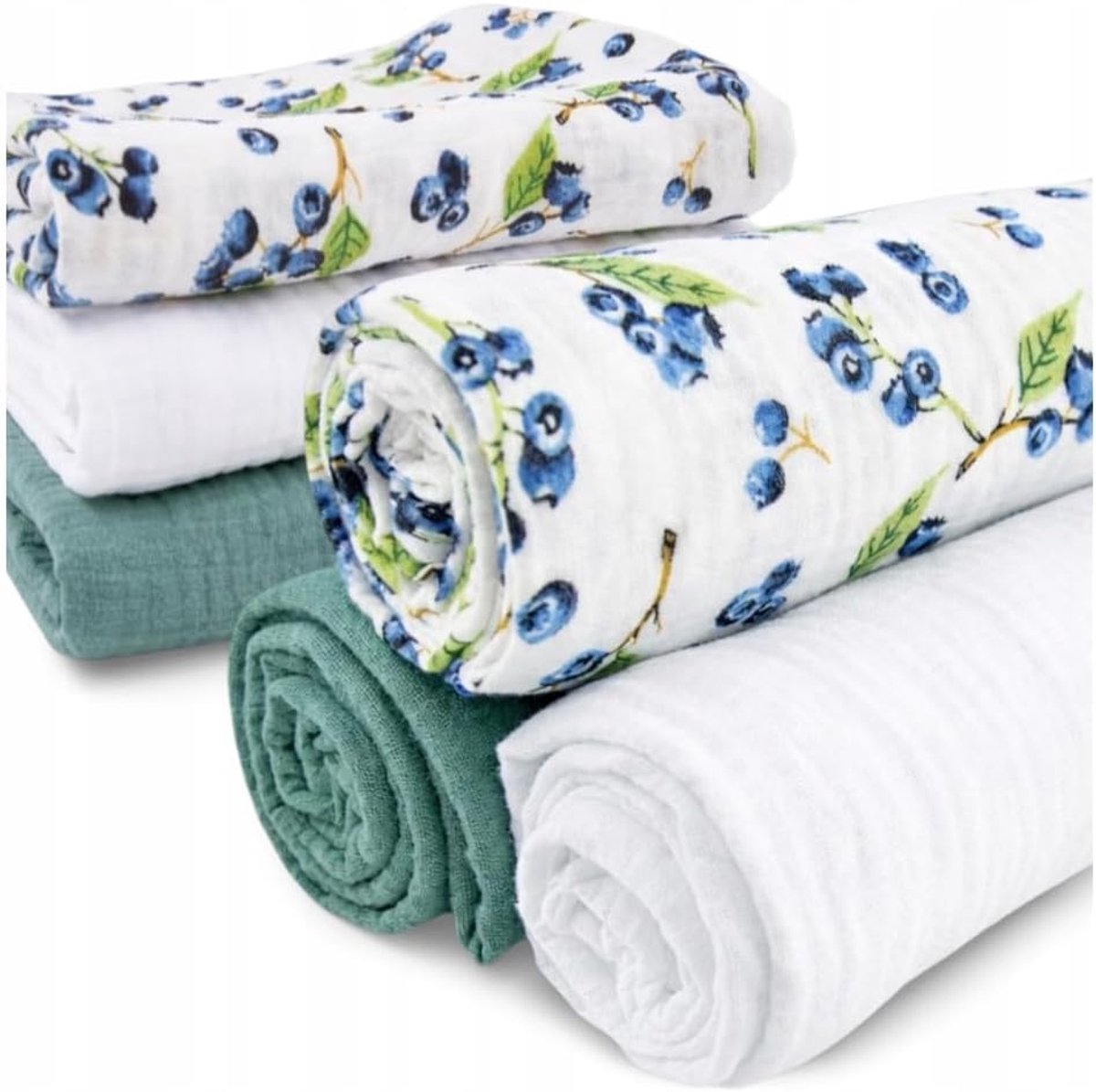 SnelShoppen - Set van 3 mousseline babydoeken 70 x 70 cm - Wit, Bosbessen, Groen - 100% Mousseline Katoen 120 g/m² - Oeko-Tex Gecertificeerd - Perfect