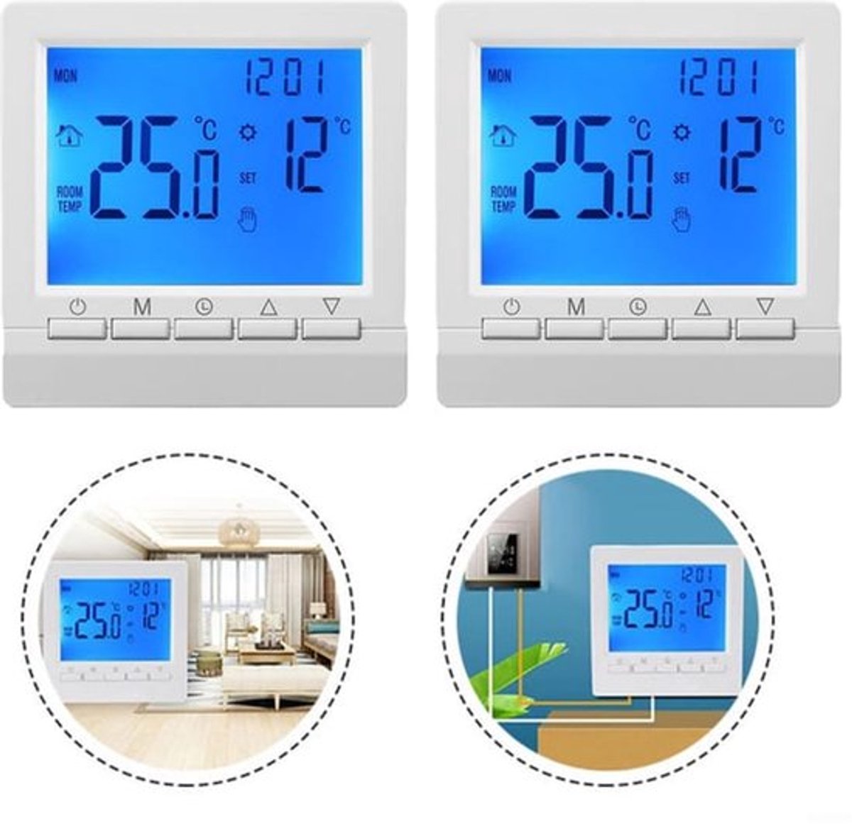 Twee programmeerbare digitale kamerthermostaten voor elektrische vloerverwarming met antivries- en geheugenfunctie (batterijen niet inbegrepen).