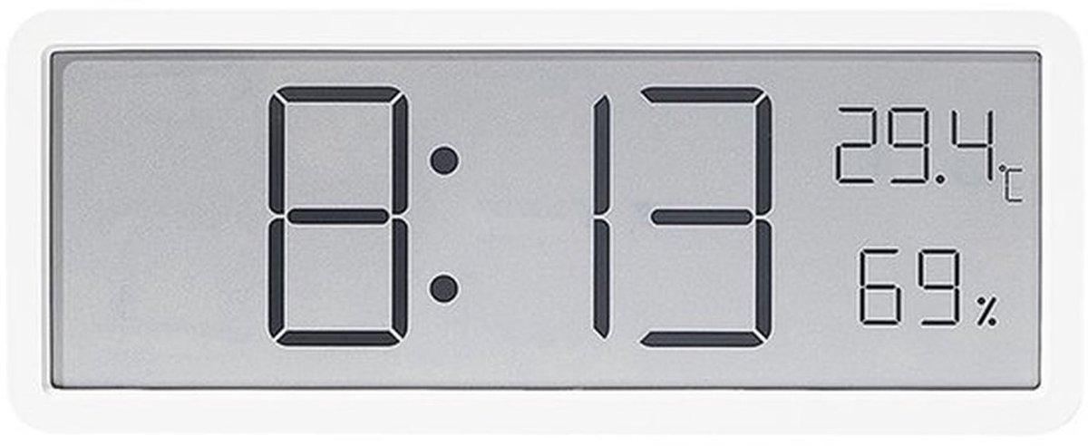 Witte digitale wandklok, 20 cm, met weergave van temperatuur, luchtvochtigheid en datum, groot scherm, kan aan de muur worden bevestigd of op een tafel worden geplaatst, werkt op batterijen (batterijen niet inbegrepen).