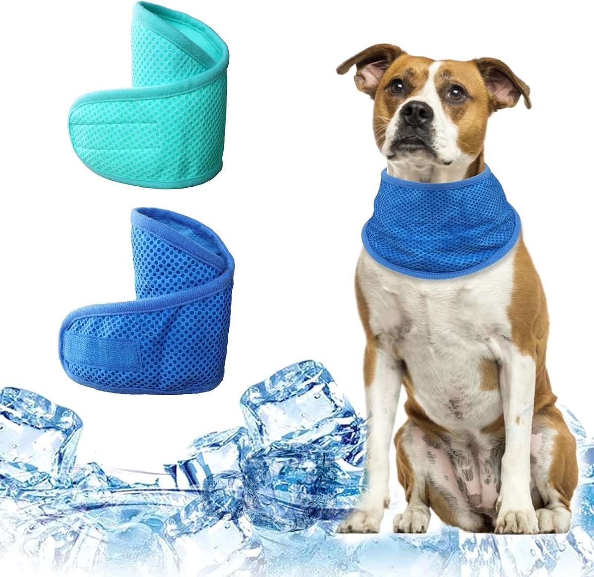 2-delige set - Koelsjaal voor honden - Koelhalsband voor huisdieren - Verstelbare klittenbandsluiting - Koelsjaal voor huisdieren - Ademende halsband voor huisdieren - Geschikt voor huisdieren van alle maten - Maat M - Lengte 40 cm - Blauw + Groen
