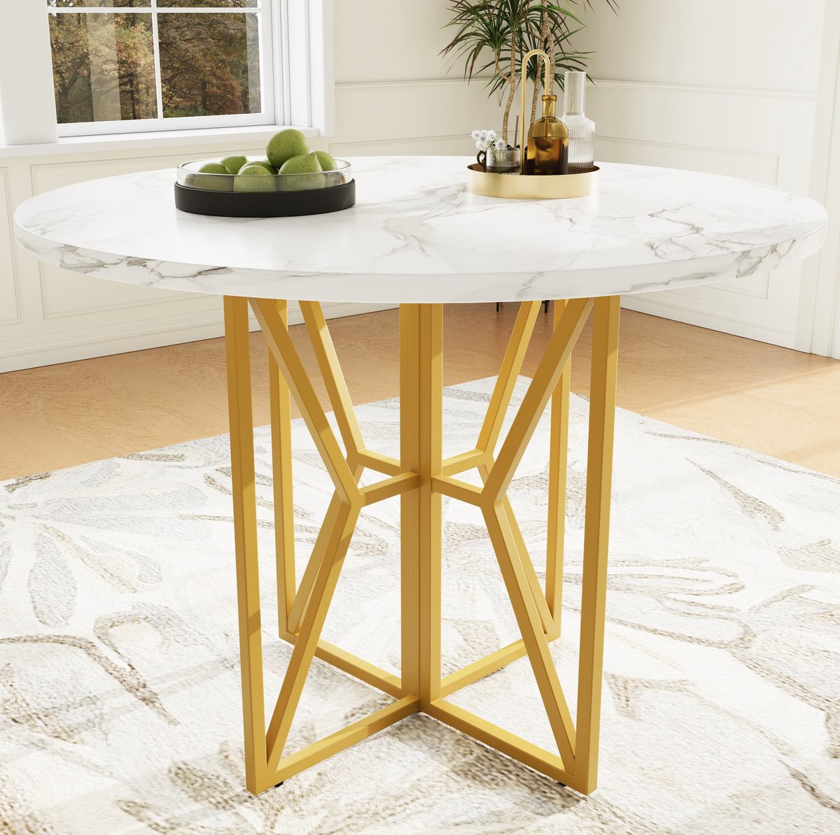 MEUNIQ ronde eettafel 80 cm marmerlook MDF tafelblad met gouden metalen poten en verstelba