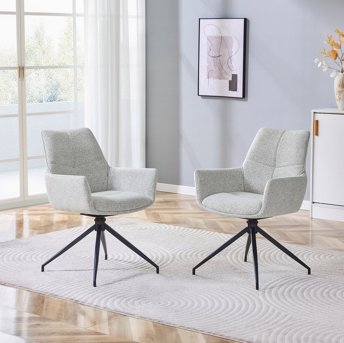 MEUNIQ 2-delige set 360° draaibare eetkamerstoelen met armleuningen, lichtgrijze stof, zwarte metalen vierpoot en gewatteerde zitting voor eetkamer of woonkamer lichtgrijs