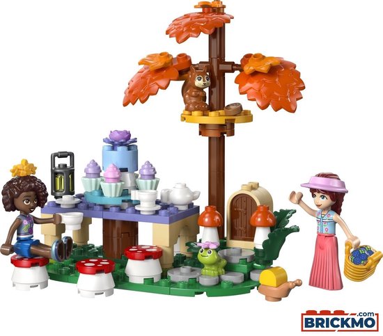 LEGO Friends speelset met twee poppen, een eekhoorn in een boom, paddenstoelen en een theetafel.