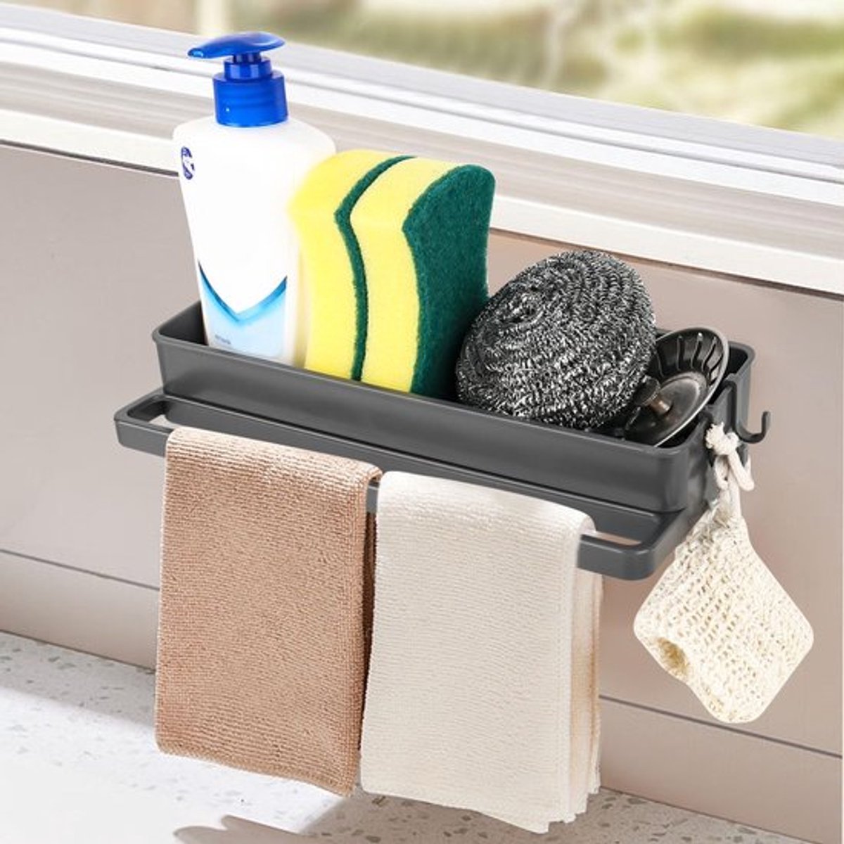 Keukenspoelbak-Organizer met Lekbak - Sponshouder - Wandorganizer - 2 Haken - Afneembare Staafjeshouder - Draagvermogen 20 kg