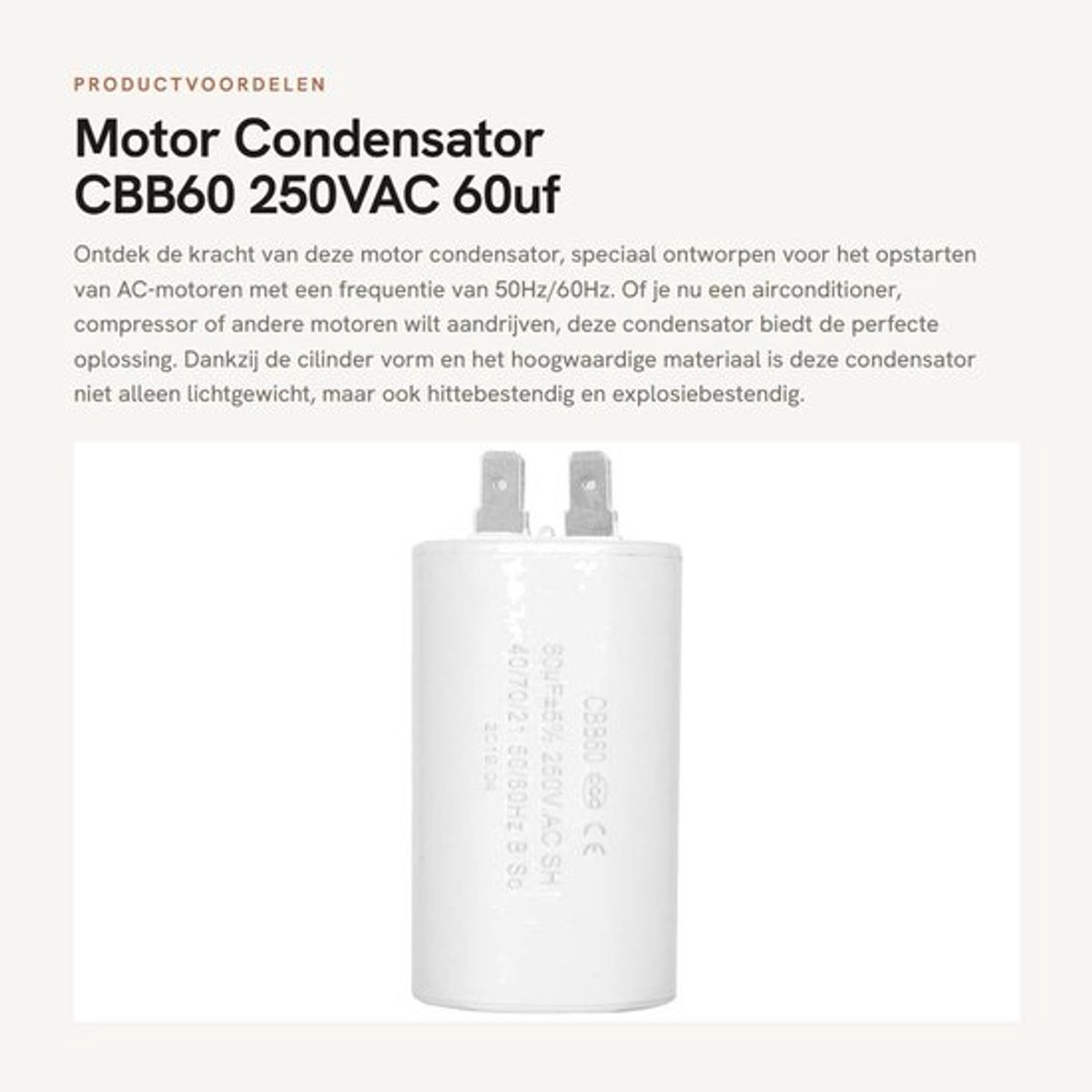 Condensator 250VAC 60µF - Aanloopcondensator - Hittebestendig - Schokbestendig - Duurzaam - Betrouwbare isolatieprestaties - Motorcapacitor