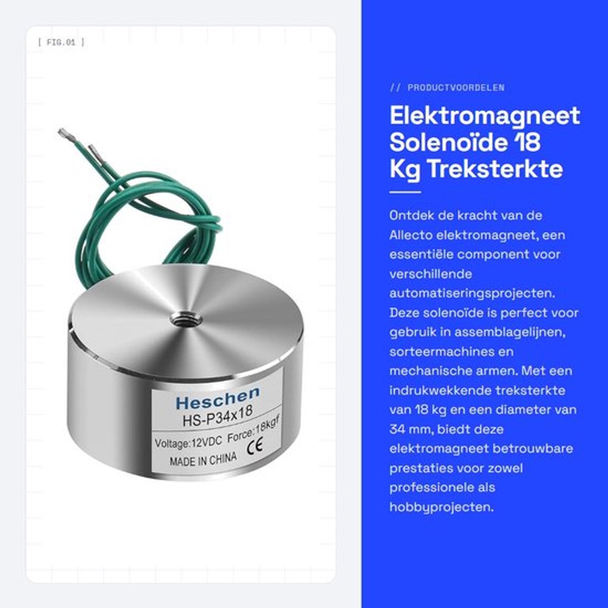 Elektromagneet - Solenoïde - 18 Kg Treksterkte - 34 mm Diameter - DC 12V - Automatisering - Voor diverse toepassingen