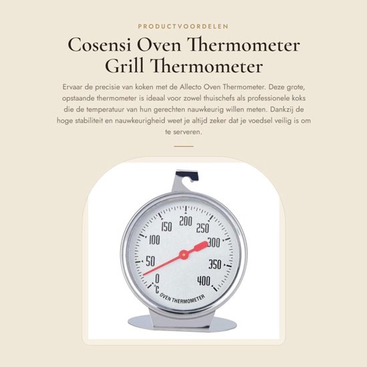 Oven Thermometer Hoge Nauwkeurigheid - Oventhermometer Ovenbestendig - Roestvrij Staal - Grote Maat - Temperatuurmeting 0-400 Graden - 9 cm Diameter - Keuken Thermometer
