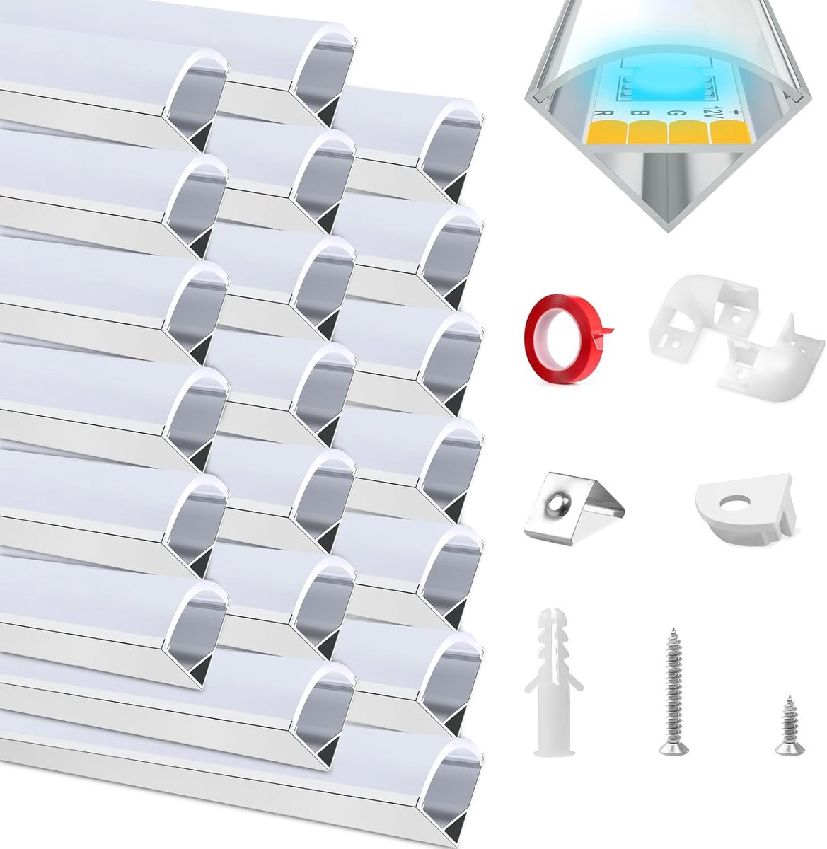 SnelShoppen - LED Aluminium Channel 20 x 1m, LED Strip Profiel met Diffuser, Hoekconnector, Bevestigingsclips, Eindkappen en Plakband voor Makkelijk A