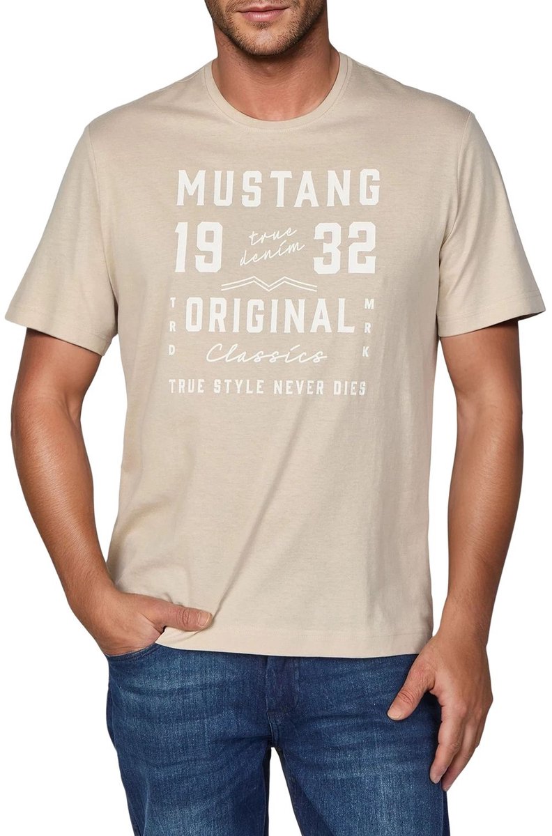Mustang Heren T-Shirt Basic Print Tee regular fit Beige L Ronde Hals Volwassenen Opdruk Print Shirts