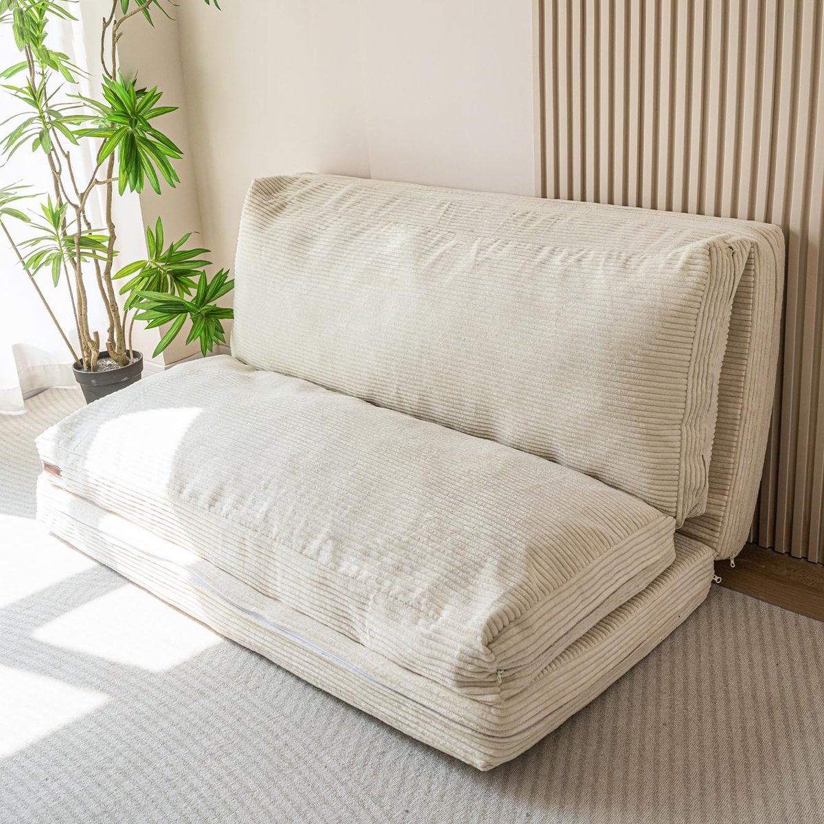 SnelShoppen - MAXYOYO Vouwbank Corduroy Fluweel met Extra Dikke 4-Laagse Schuimvulling, Vloermatras voor Volwassenen, Beige 100x240 cm, Afneembare en