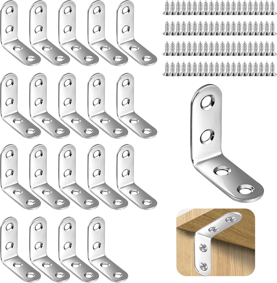 20 stuks roestvrijstalen hoekverbinders 90 graden, 40 x 40 mm met 80 schroeven voor het versterken van meubels, ideaal voor tafels en stoelen