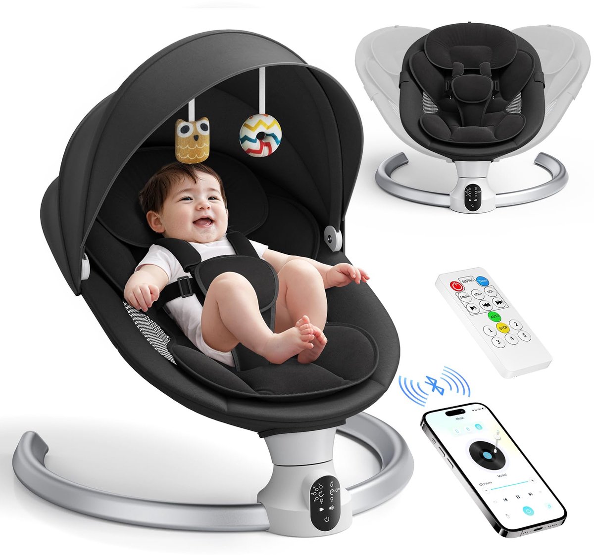 SnelShoppen - Elektrische Babyschommelbank met Afstandsbediening, Draadloos, Zwart, Voor Kinderen tot 9 kg, 5-Punts Veiligheidsgordel, Perfect voor Th