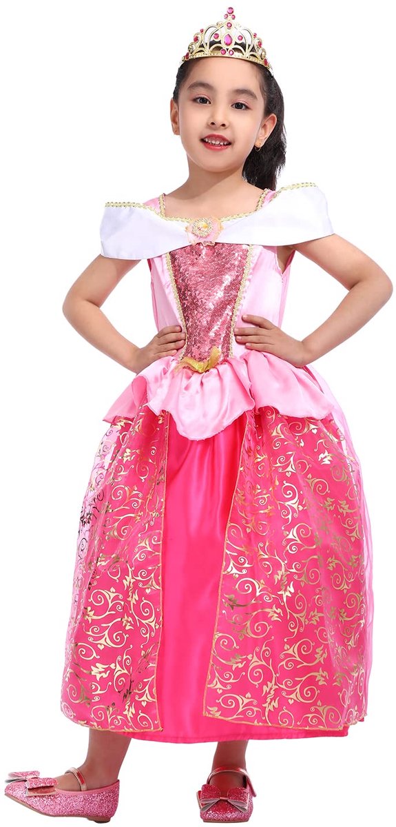 SnelShoppen - Roze Verkleedjurk voor Meisjes 7-8 Jaar met Kroon en Juwelen - Perfect voor Feestjes, Verjaardagen en Kerstmis