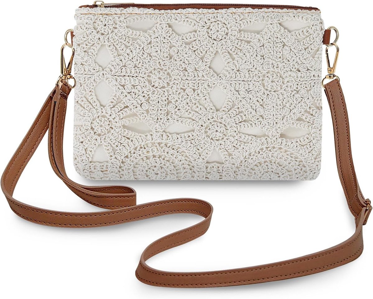 Boho Crocheted Schoudertas met Dubbelzijdige Kant en Faux Leer, Mini Tas met Verstelbare Strap voor Zomer, Strand, Reizen en Dagelijks Gebruik