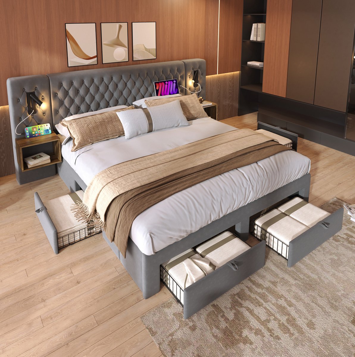 COVREO Bedframe 160x200 cm grijs velours met nachtkastjes zonder matras