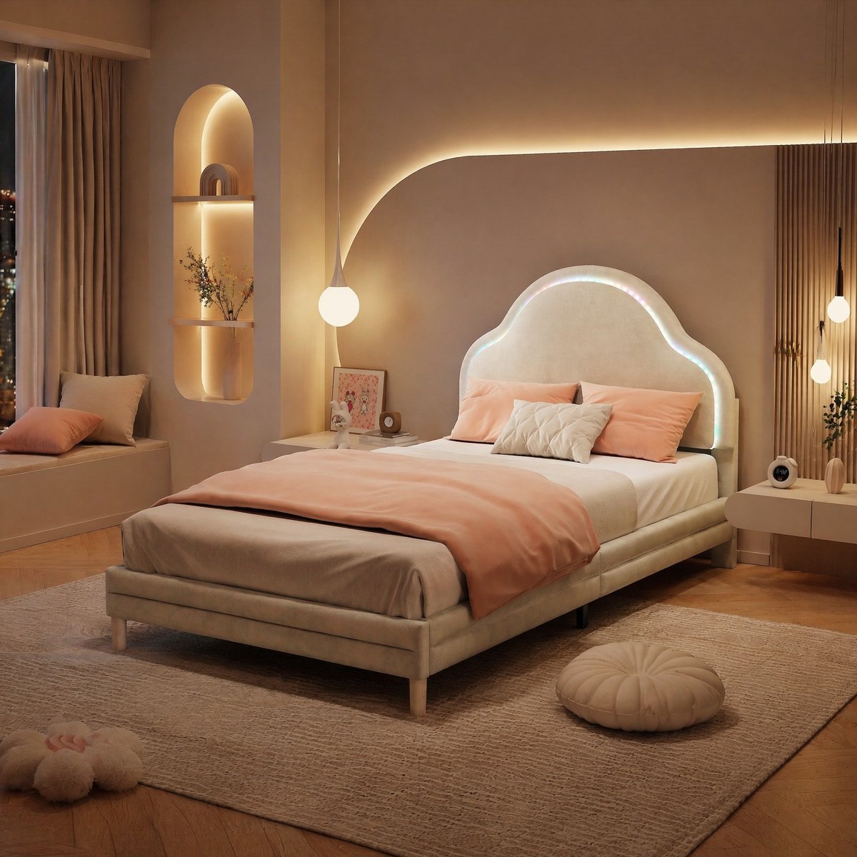 COVREO Bed 90x200 cm beige stof met LED-hoofdbord zonder matras