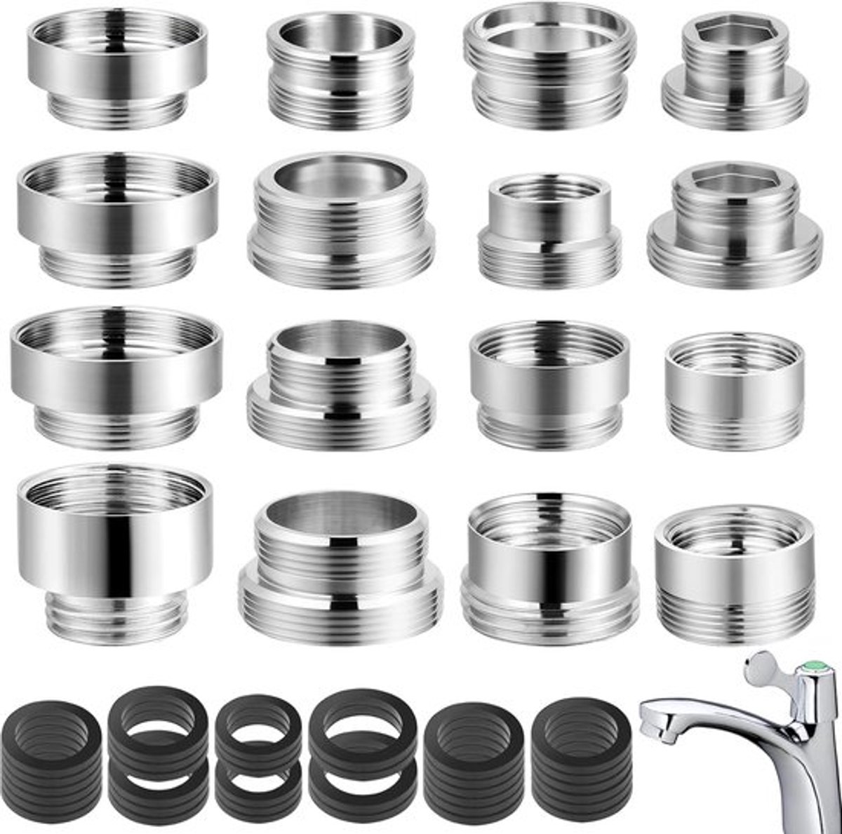 SnelShoppen - 16-delige Kraanadapter Set met Dames- en Heren Draad, Dubbele Draad Kraanadapter M16 naar M22 met Afdichtring, Voor Waterfilter, Keuken