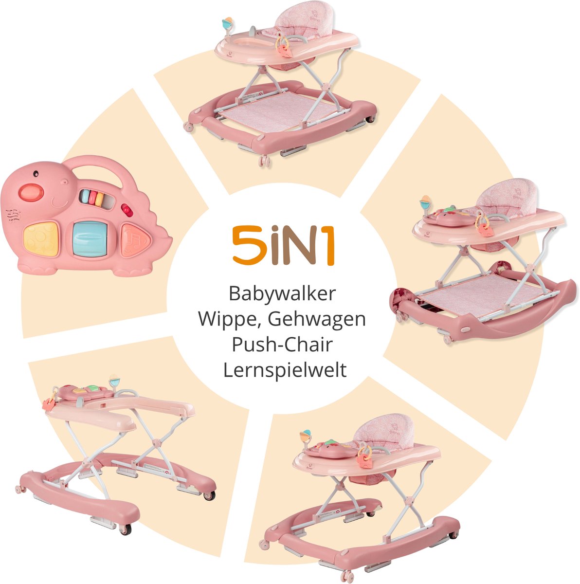 BRONEA® 5-in-1 Loopstoeltje voor baby's | Babywalker met schommelfunctie, muziek & licht | Afneembaar speelpaneel | Loopstoel in hoogte verstelbaar & inklapbaar | Rose – foto 5