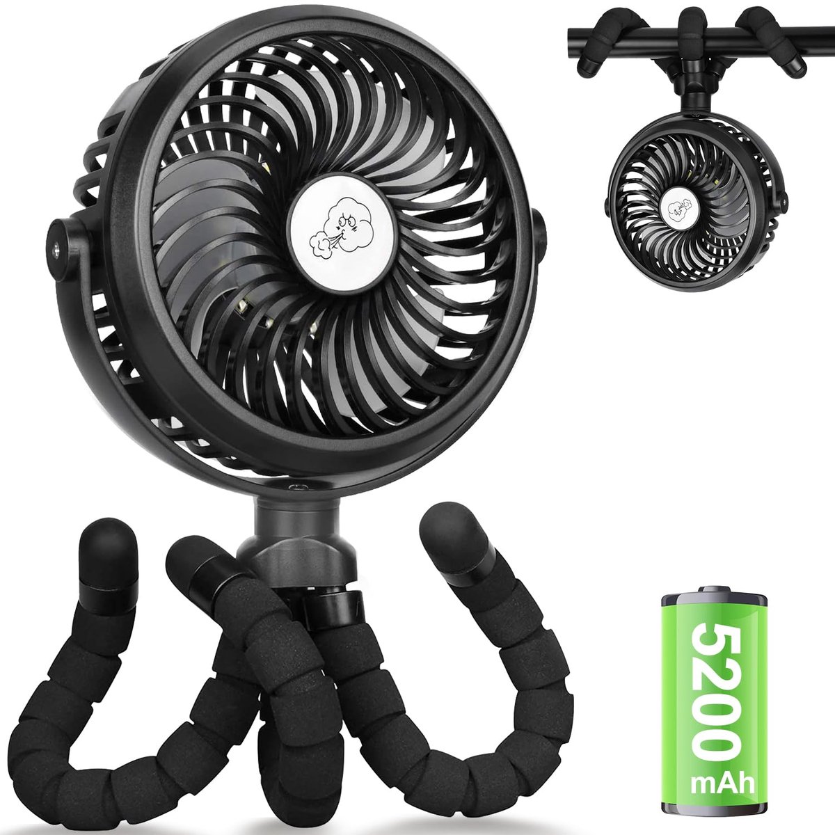 SnelShoppen - USB-ventilator voor kinderwagen met 5200mAh accu, 24 uur gebruik, 3 snelheden, ideaal voor kinderen, camping, tuin, en op reis